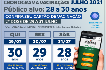 Covid-19: Prefeitura divulga novo calendário para vacinação de pessoas entre 28 a 30 anos