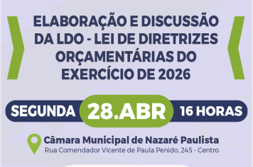 Departamento de Planejamento realizará audiência pública nesta segunda-feira(28/04) na Câmara de Nazaré Paulista
