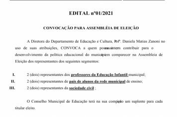 CONSELHO MUNICIPAL DE EDUCAÇÃO - EDITAL nº01/2021 CONVOCAÇÃO PARA ASSEMBLÉIA DE ELEIÇÃO
