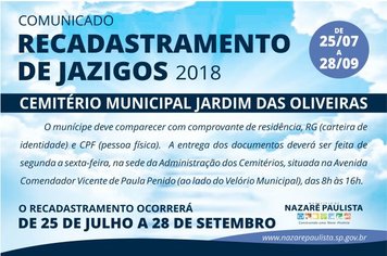 “COMUNICADO”   |   RECADASTRAMENTO DE JAZIGOS “CEMITÉRIO JARDIM DAS OLIVEIRAS” EM NAZARÉ PAULISTA