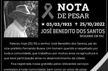 Nota de pesar pelo falecimento do senhor José Benedito dos Santos, pai do vice-prefeito Fernando Buava