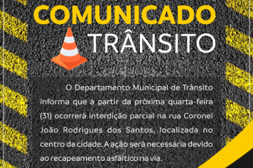 Departamento de Trânsito de Nazaré Paulista informa sobre interdição parcial de rua para obra de recapeamento asfáltico