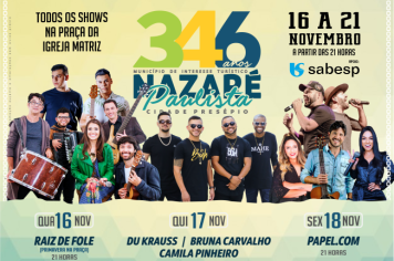 Programação em comemoração aos 346 anos de Nazaré Paulista terá início na próxima quinta-feira(03)