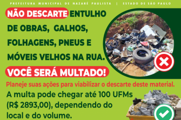 Jogar lixo e entulhos em vias públicas pode gerar multa de até R$ 2,8 mil em Nazaré Paulista