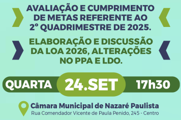 Secretaria de Finanças realizará Audiência Pública na quarta-feira (24/09) na Câmara de Nazaré Paulista