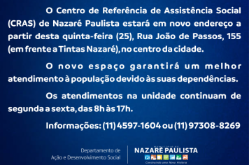 CRAS de Nazaré Paulista muda de endereço