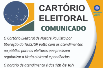 Cartório Eleitoral de Nazaré Paulista volta com atendimento presencial
