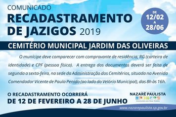 “Comunicado” | Recadastramento de Jazigos “Cemitério Jardim das Oliveiras” em Nazaré Paulista