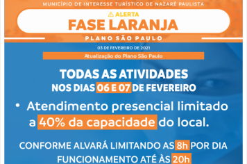 Nazaré Paulista adere à Fase Laranja do Plano SP no próximo final de semana (dias 06 e 07)