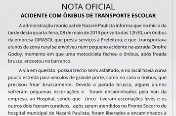 NOTA OFICIAL  - Acidente com ônibus do transporte Escolar 