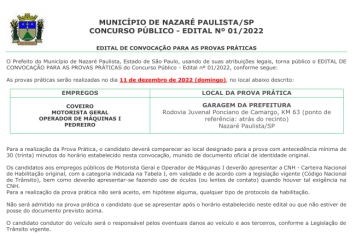 Confira a classificação após recursos e lista de convocados para prova prática do Concurso Público nº 001/2022 de Nazaré Paulista