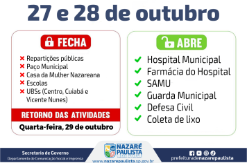 Prefeitura informa alteração no expediente em razão do ponto facultativo e Dia do Servidor Público