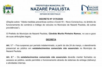 DECRETO 3176/2020: Prefeitura de Nazaré Paulista reforça necessidade de fechamento de estabelecimentos 
