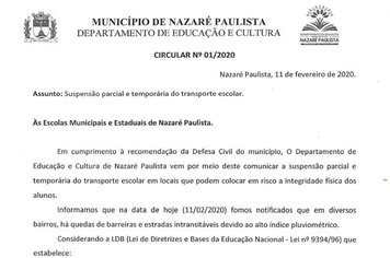 Assunto: suspensão parcial e temporária do transporte escolar