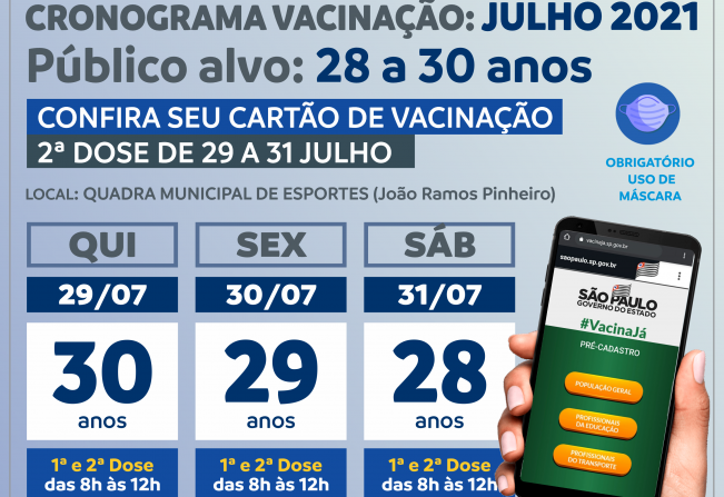 Covid-19: Prefeitura divulga novo calendário para vacinação de pessoas entre 28 a 30 anos
