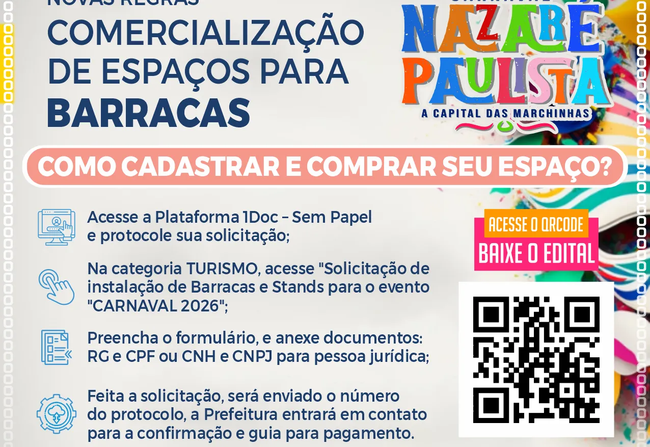 Prefeitura abre inscrições, na próxima quarta-feira (14/01), para venda de espaços comerciais no Carnaval 2026 em Nazaré Paulista