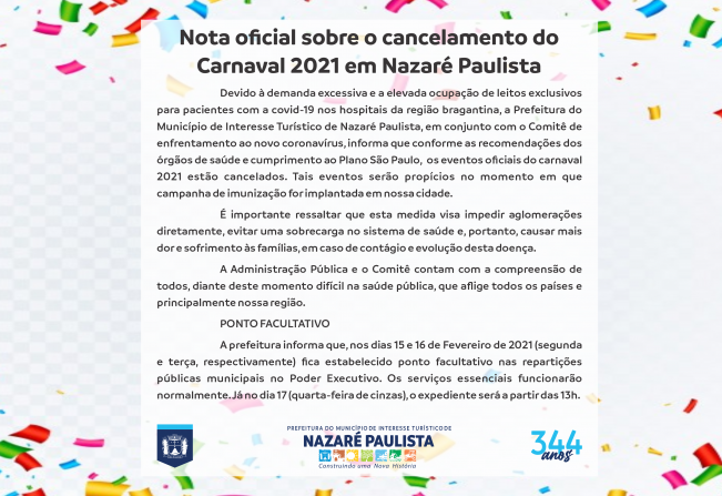 Nota oficial sobre o cancelamento do Carnaval 2021 em Nazaré Paulista