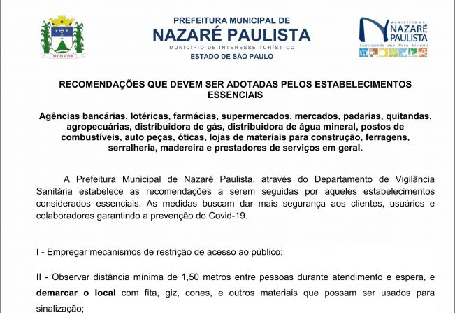  VIGILÂNCIA SANITÁRIA: recomendações que devem ser adotadas pelos estabelecimentos essenciais