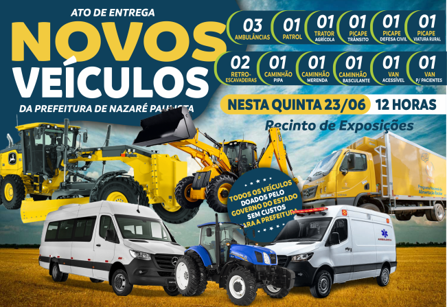 Prefeitura de Nazaré Paulista realizará nesta quinta-feira (23/06) ato de entrega de 15 veículos conquistados junto ao governo estadual