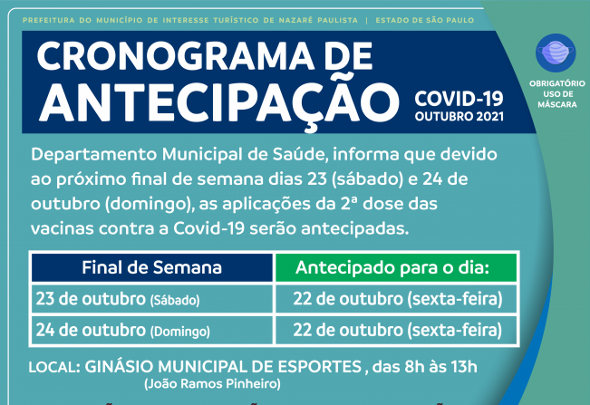 Covid-19: Segunda dose agendada para este final de semana em Nazaré Paulista terá aplicação antecipada para sexta-feira (22) 