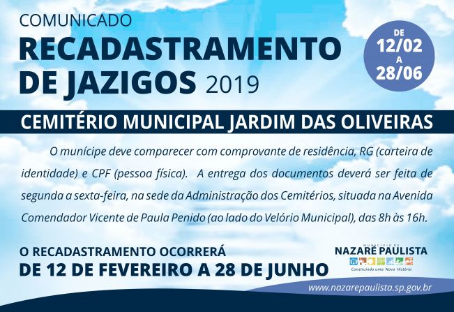 “Comunicado” | Recadastramento de Jazigos “Cemitério Jardim das Oliveiras” em Nazaré Paulista