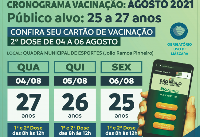 Covid-19: Prefeitura divulga novo calendário para vacinação de pessoas entre 25 a 27 anos