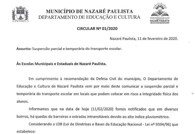 Assunto: suspensão parcial e temporária do transporte escolar