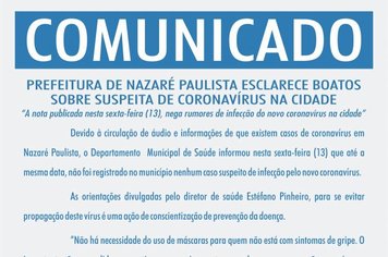 Prefeitura de Nazaré Paulista esclarece boatos sobre suspeita de coronavírus na cidade