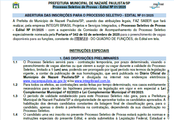Edital de abertura das inscrições para o processo seletivo de provas - edital nº 01/2025 