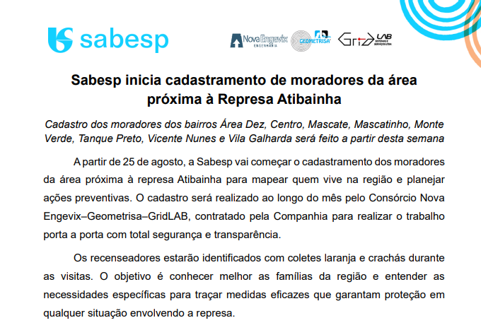 Sabesp inicia cadastramento de moradores da área próxima à Represa Atibainha