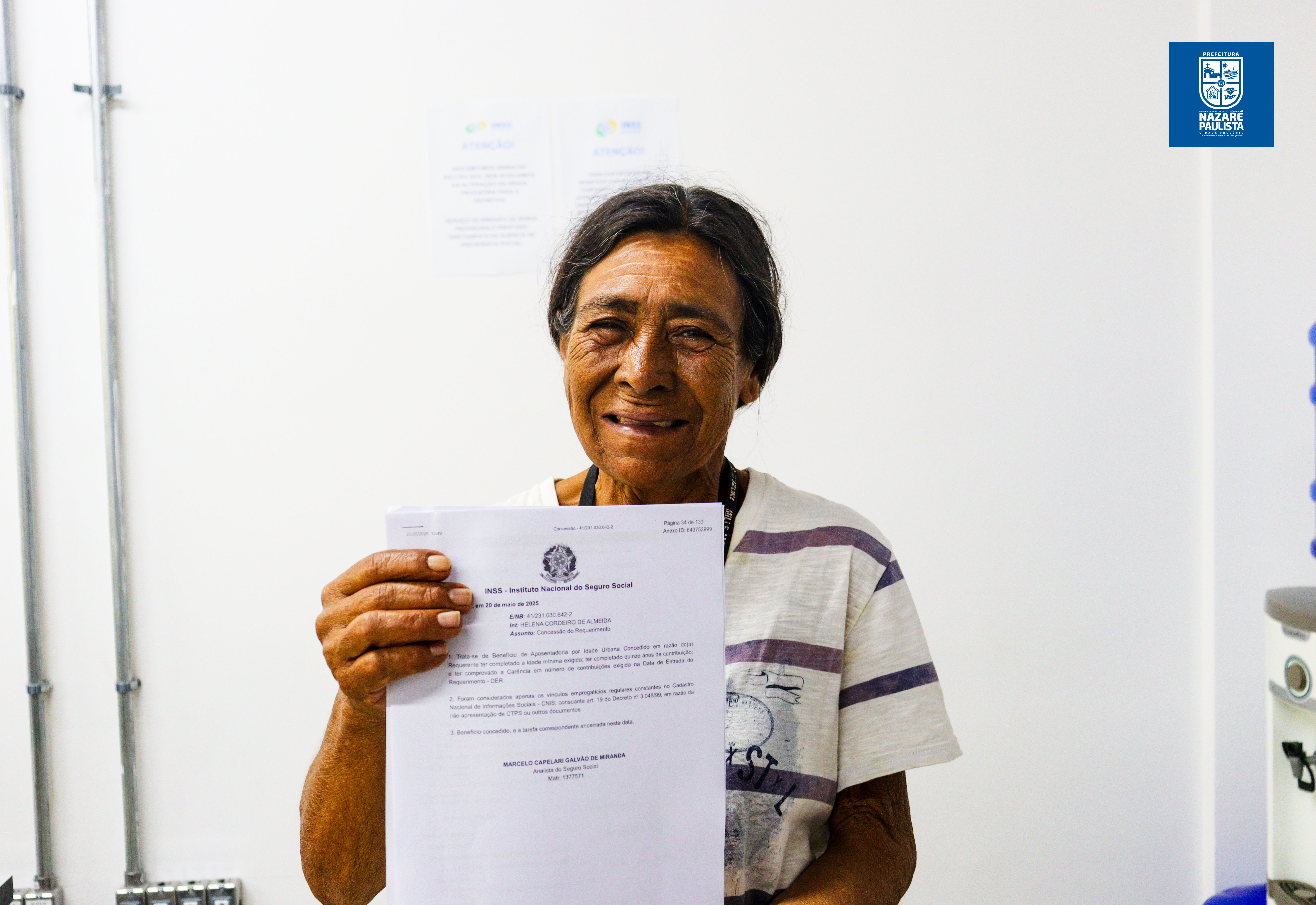 Prefeitura celebra mais uma aposentadoria com atendimento gratuito na unidade inss de Nazaré Paulista